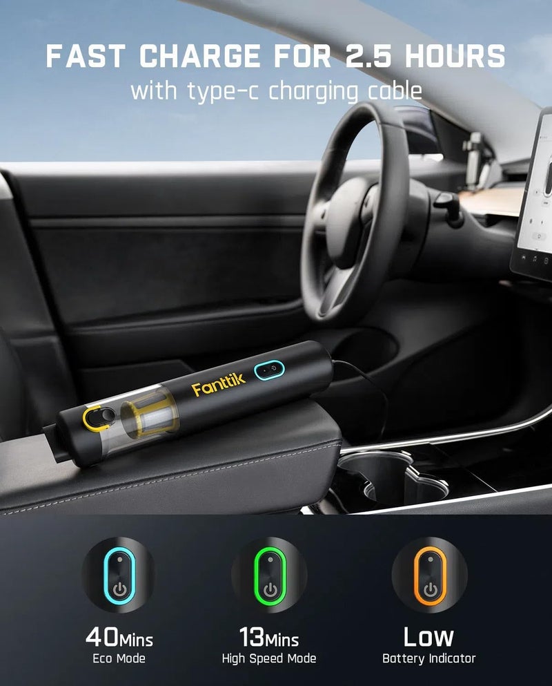 Fanttik Slim V8 APEX Car Vacuum, 4-in-1 Portable Mini Cordless Vacuum with 19000pa Suction Power, Type-C Charge, 2 Suction Modes, Handheld Vacuum for Small Jobs, Car, Office Desk, Keyboards (Black) - Image 4